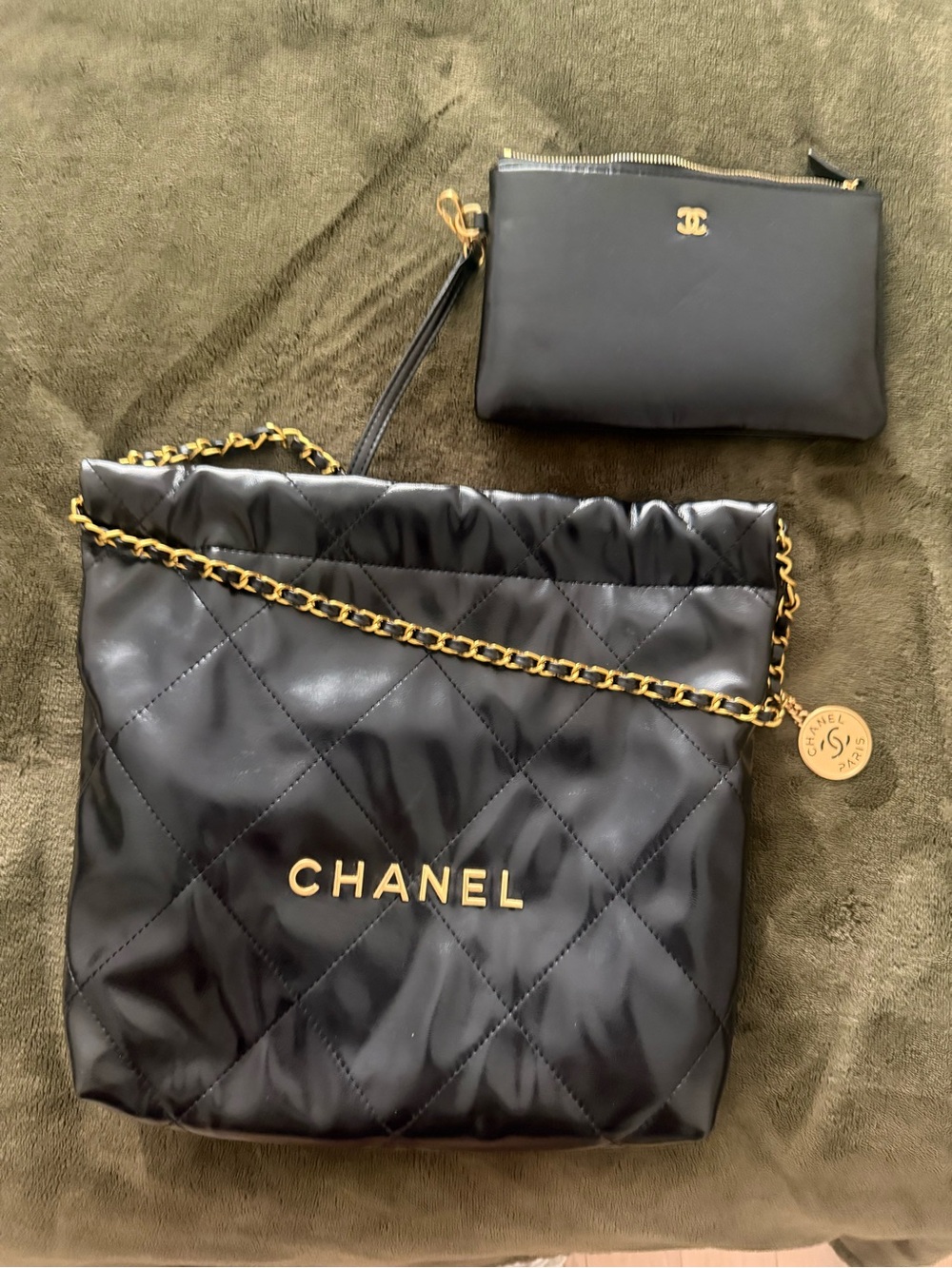 CHANEL INSPIRED:Black Quilted Drawstring Shoulder Bag with Gold Hardware